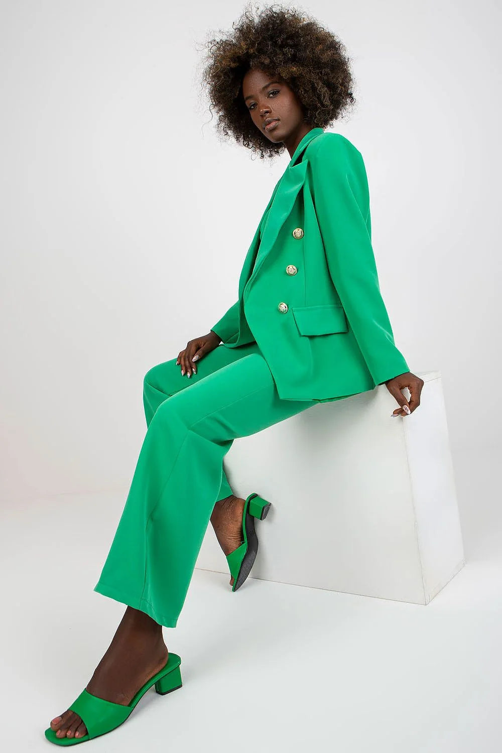 Veste et pantalon assortis pour femme élégant style contemporain coupe ajustée matériau polyester elasthanne taille ajustable noir finitions métalliques