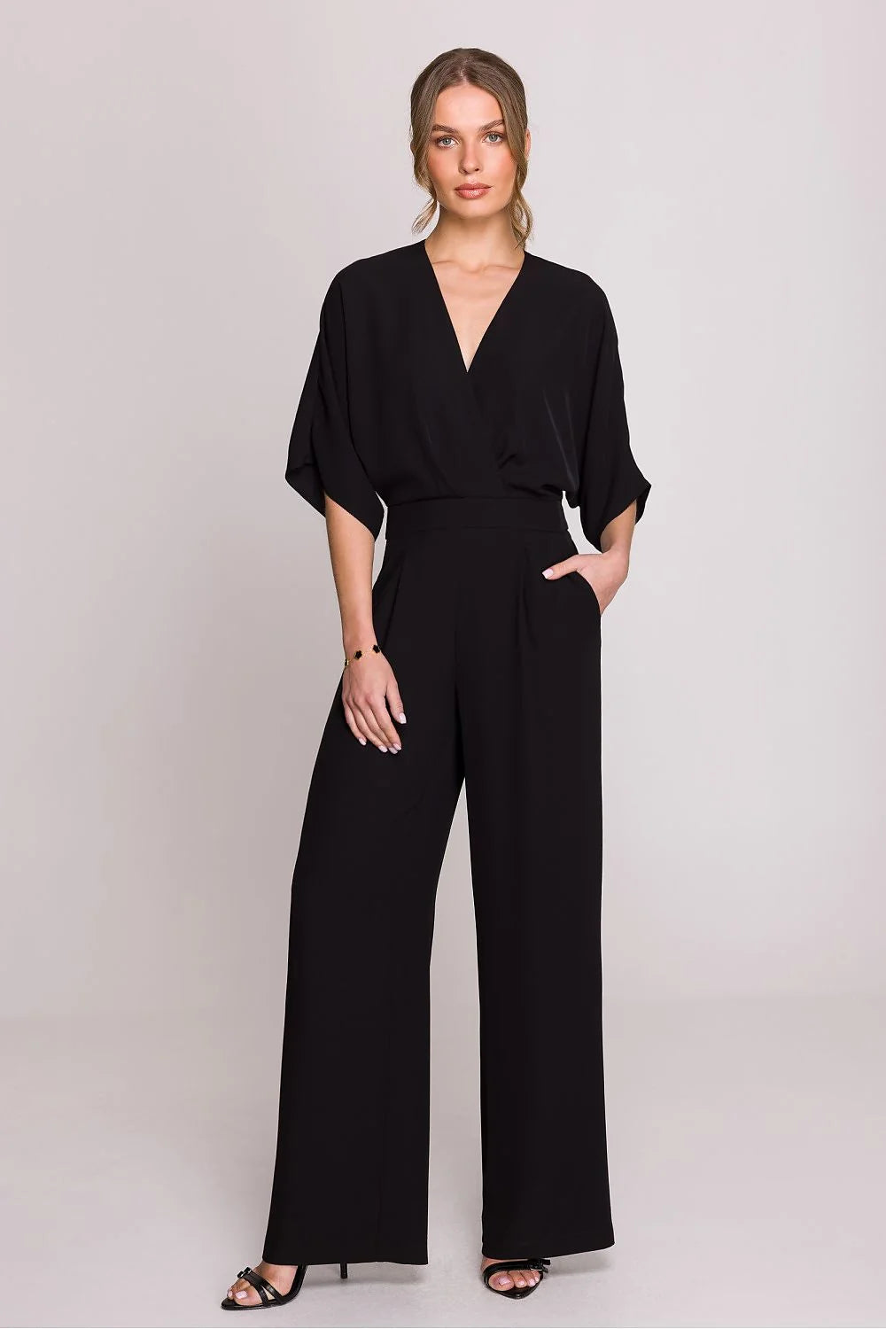 Combinaison Stylove élégante moderne pour femmes V-neck croisé jambes larges taille haute polyester noir occasion formelle soirée