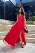 Robe longue élégante rouge vif sans manches décolleté en V fente audacieuse mousseline dentelle broderie florale soirée gala mariage femme