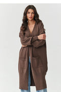 cardigan long femme oversize chocolat maille tricotée col V manches tombantes poches plaquées larges poignets côtelés ourlet ouvert confortable doux