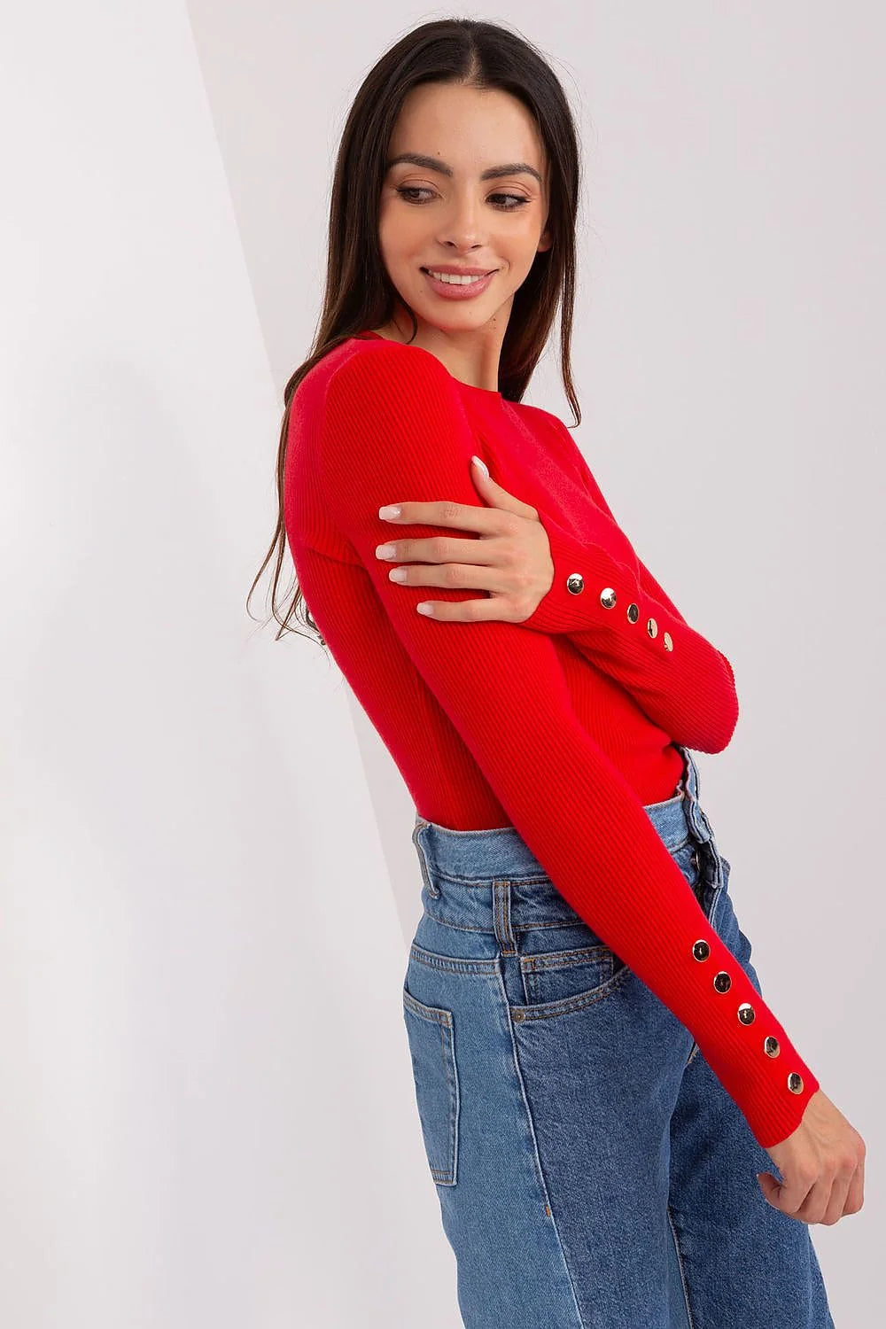 Pull femme moderne élégant tricot côtelé rouge vif manches longues ajusté occasions décontractées formelles