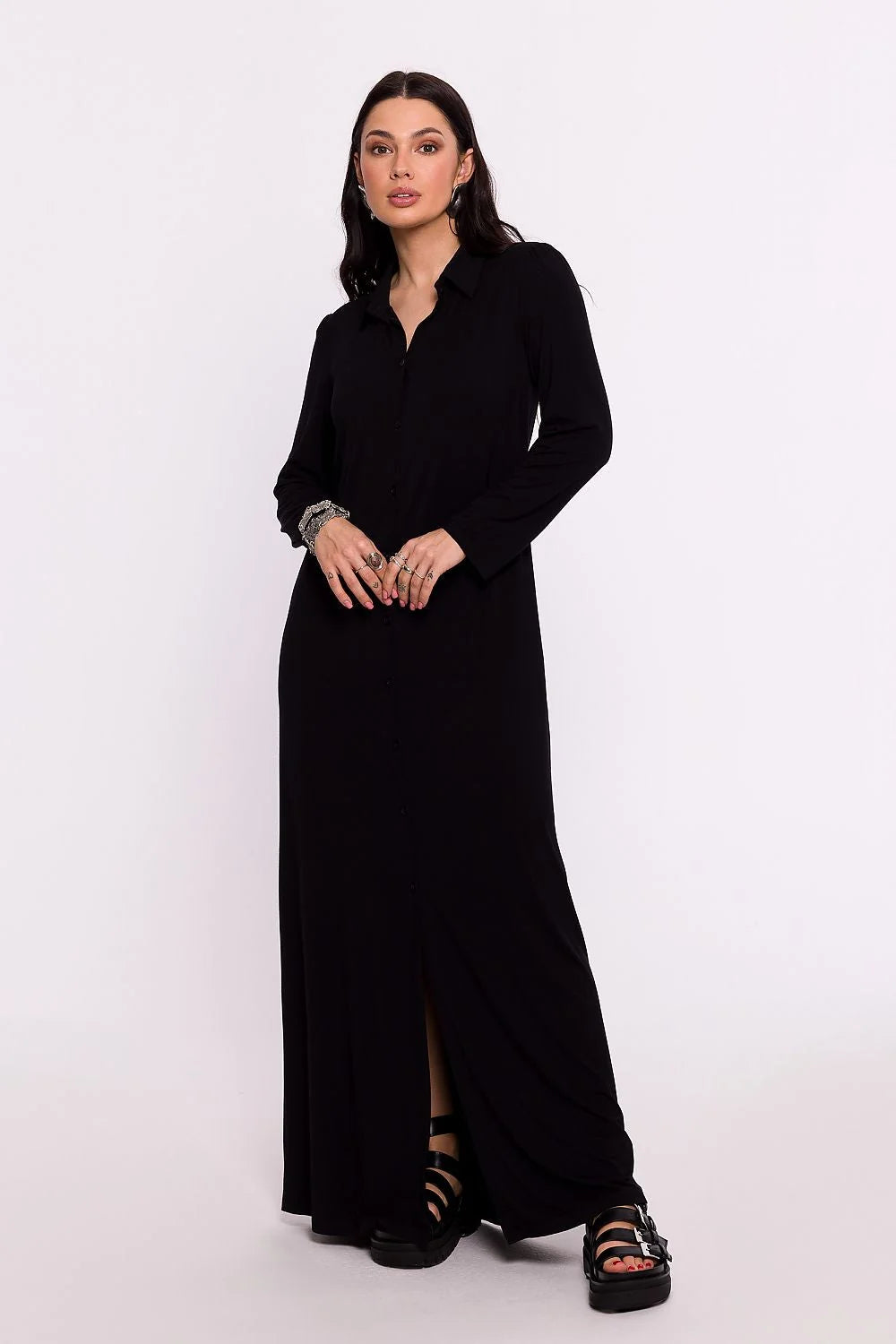 Robe de jour élégante longue manches longues col chemise noire haute qualité femme polyvalente