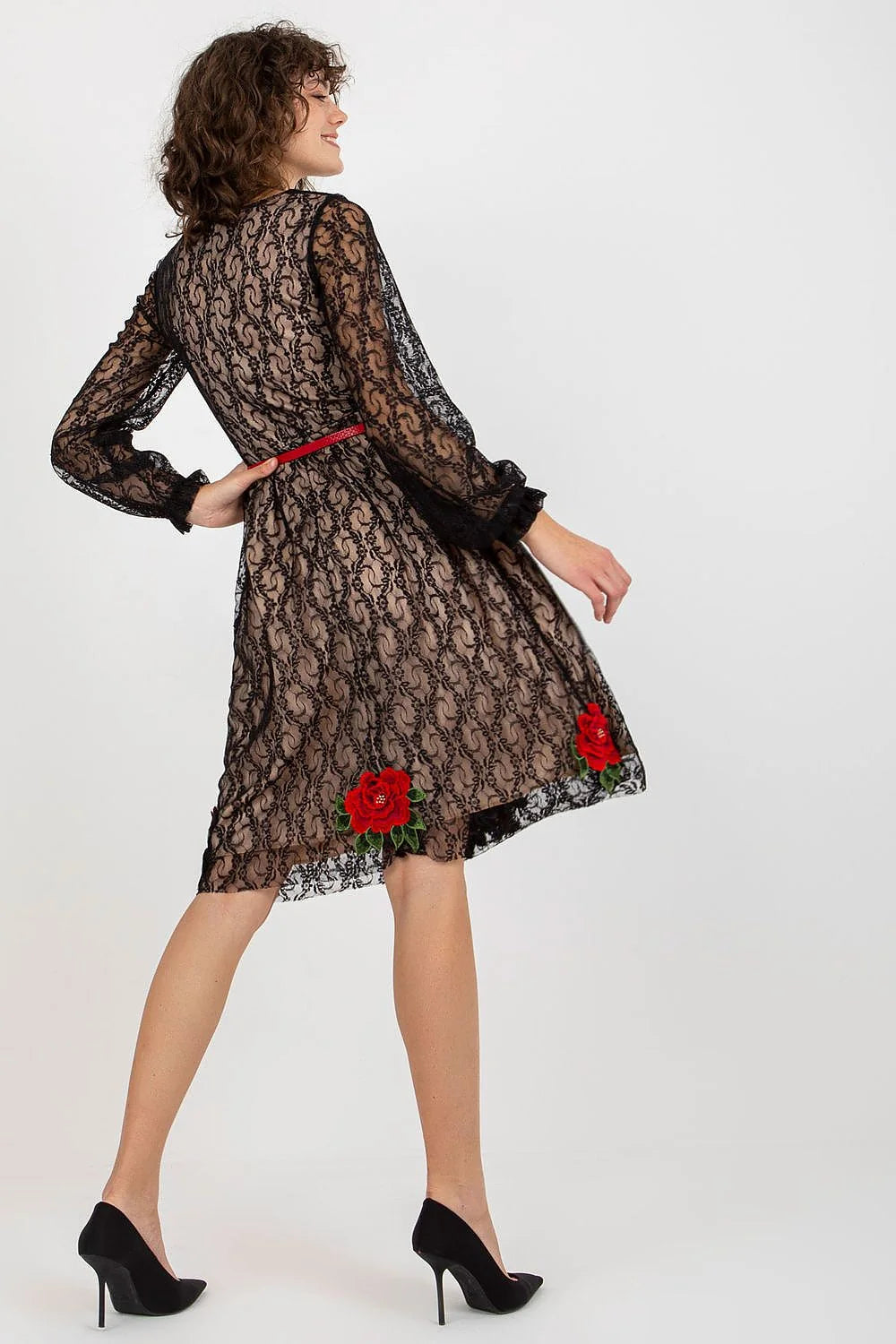 Robe de soirée élégante longue manches longues dentelle bleu marine ceinture rouge fleur brodée femme