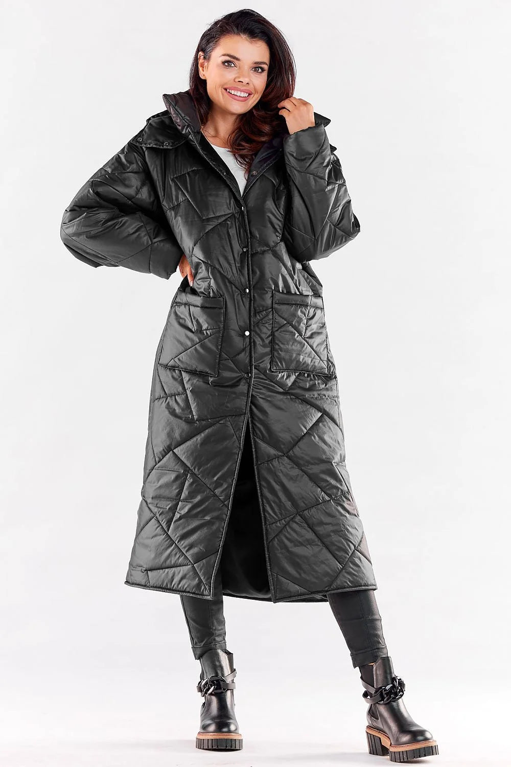 Manteau long oversize pour femme, rouge vif, nylon brillant, col montant, boutons-pression, poches latérales, isolé, tendance automne-hiver