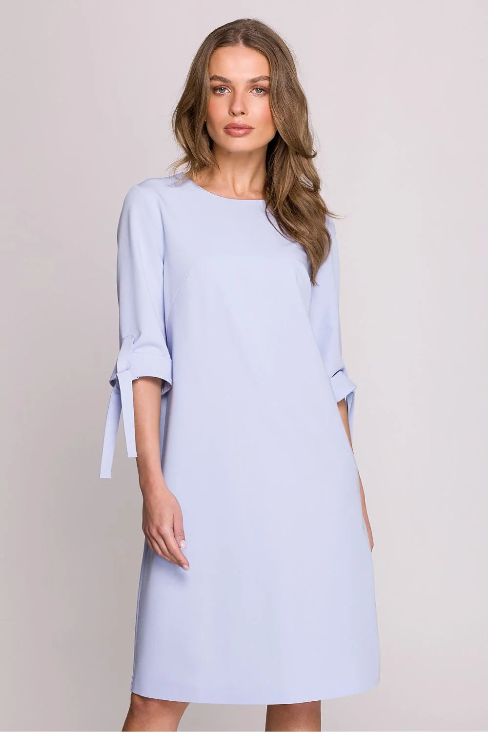 Robe de jour Stylove coupe A tissu de haute qualité manches 3/4 noeud couleur bleu pastel genou length femme