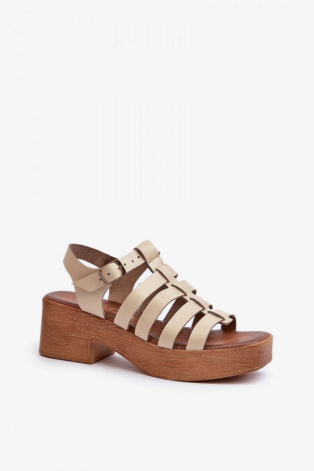 Sandales à talons compensés en cuir naturel pour femmes, style moderne, bride réglable, semelle bois, beige clair, elegance été