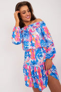 Robe d'été féminine en polyester léger style Bardot manches longues soufflantes encolure élastiquée imprimé artistique couleur vive taille ajustable femme