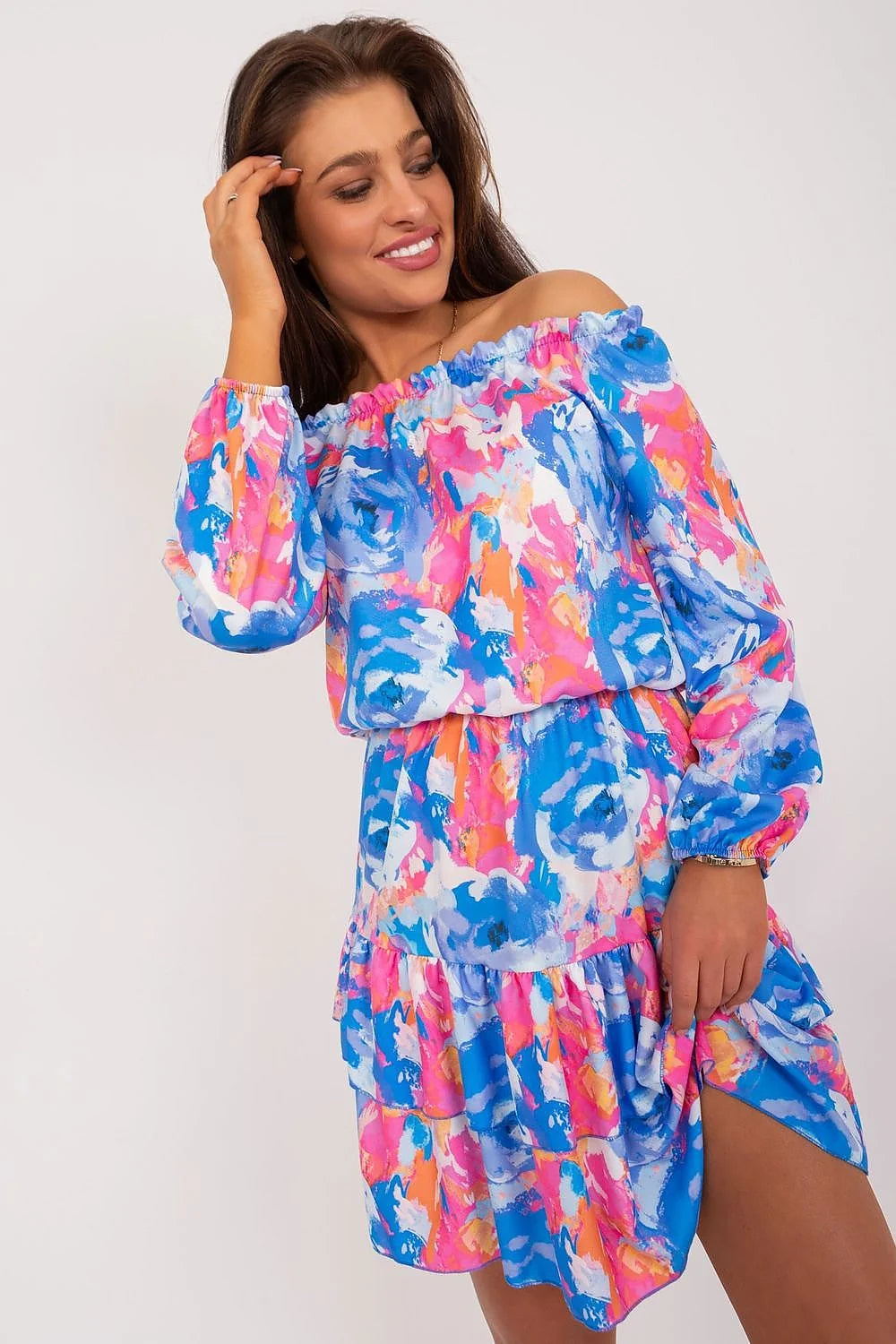 Robe d'été féminine en polyester léger style Bardot manches longues soufflantes encolure élastiquée imprimé artistique couleur vive taille ajustable femme