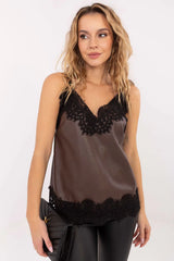 caraco effet similicuir marron chocolat col V dentelle noire bande bretelles fines réglables coupe droite longueur hanches romantique