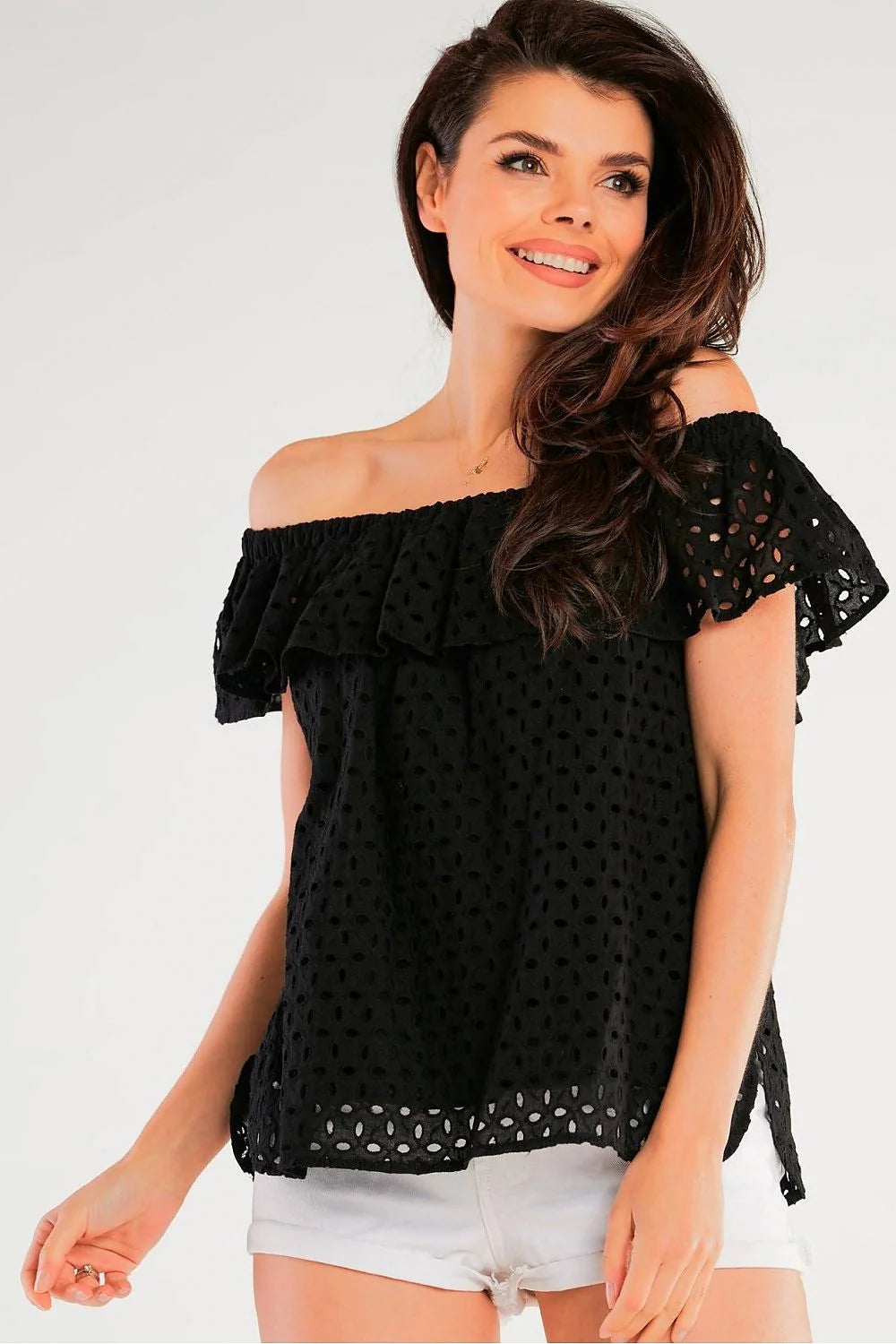 chemisier awama femme bardot épaules dénudées manches courtes volantées broderie anglaise ajouré coton léger respirant coupe droite longueur hanches noir