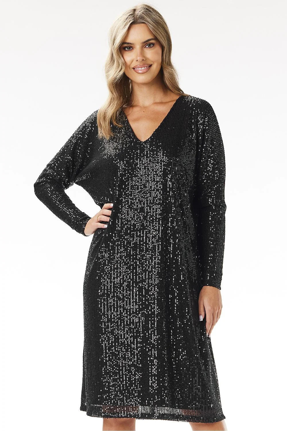 Robe de soirée élégante pour femme noire à sequins manches longues encolure en V ceinture taille ajustable Awama