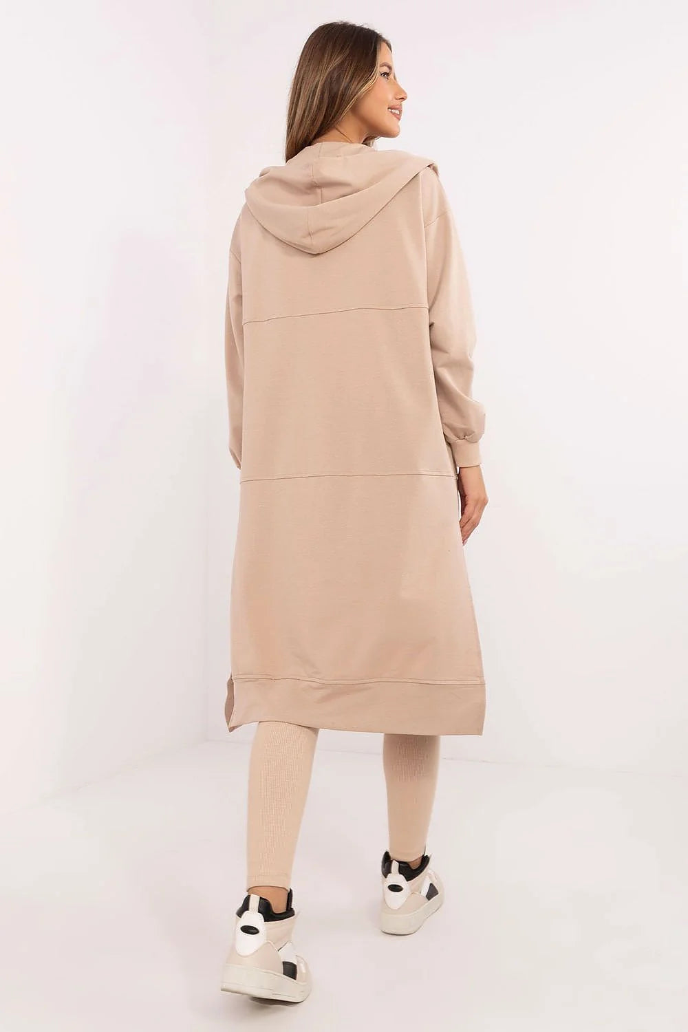 ensemble femme athleisure trois pièces beige nude molletonné côtelé gilet long zippé capuche crop top brassière leggings taille haute ajustés