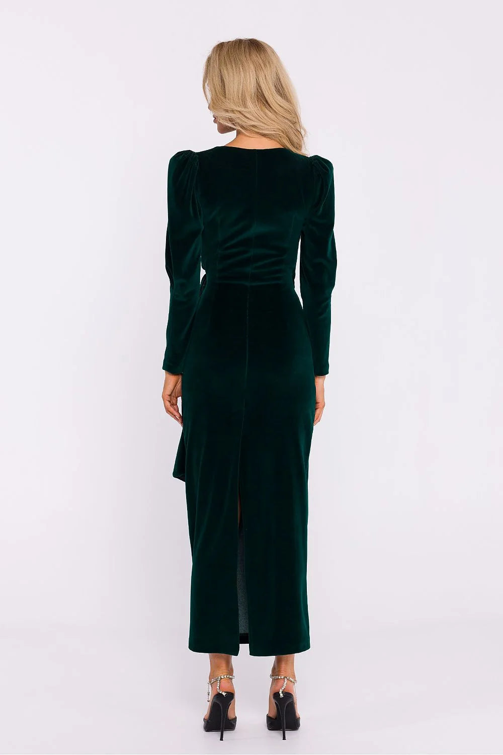 Robe longue en velours maille couleur vert émeraude style classique pour occasions formelles femme manches longues décolleté V ceinture intégrée