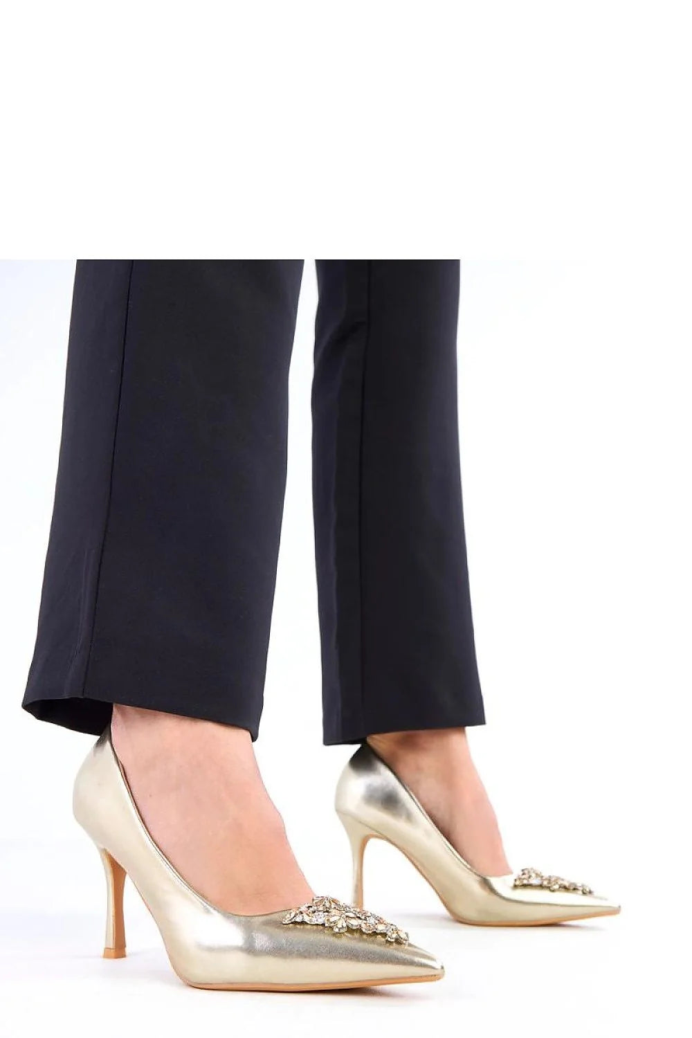 escarpins femme cuir écologique verni métallisé doré bout pointu talon aiguille neuf centimètres strass subtils bijou cristal beige soirée élégant