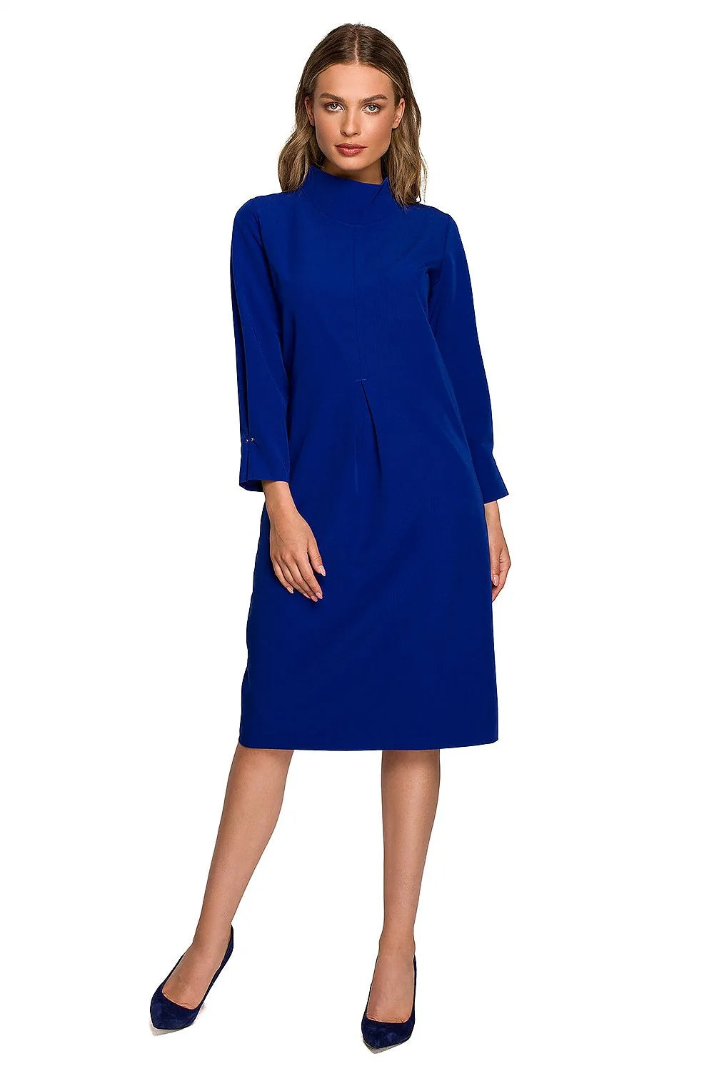 Robe de jour élégante en vert émeraude manches longues col montant plis devant coupe midi femme