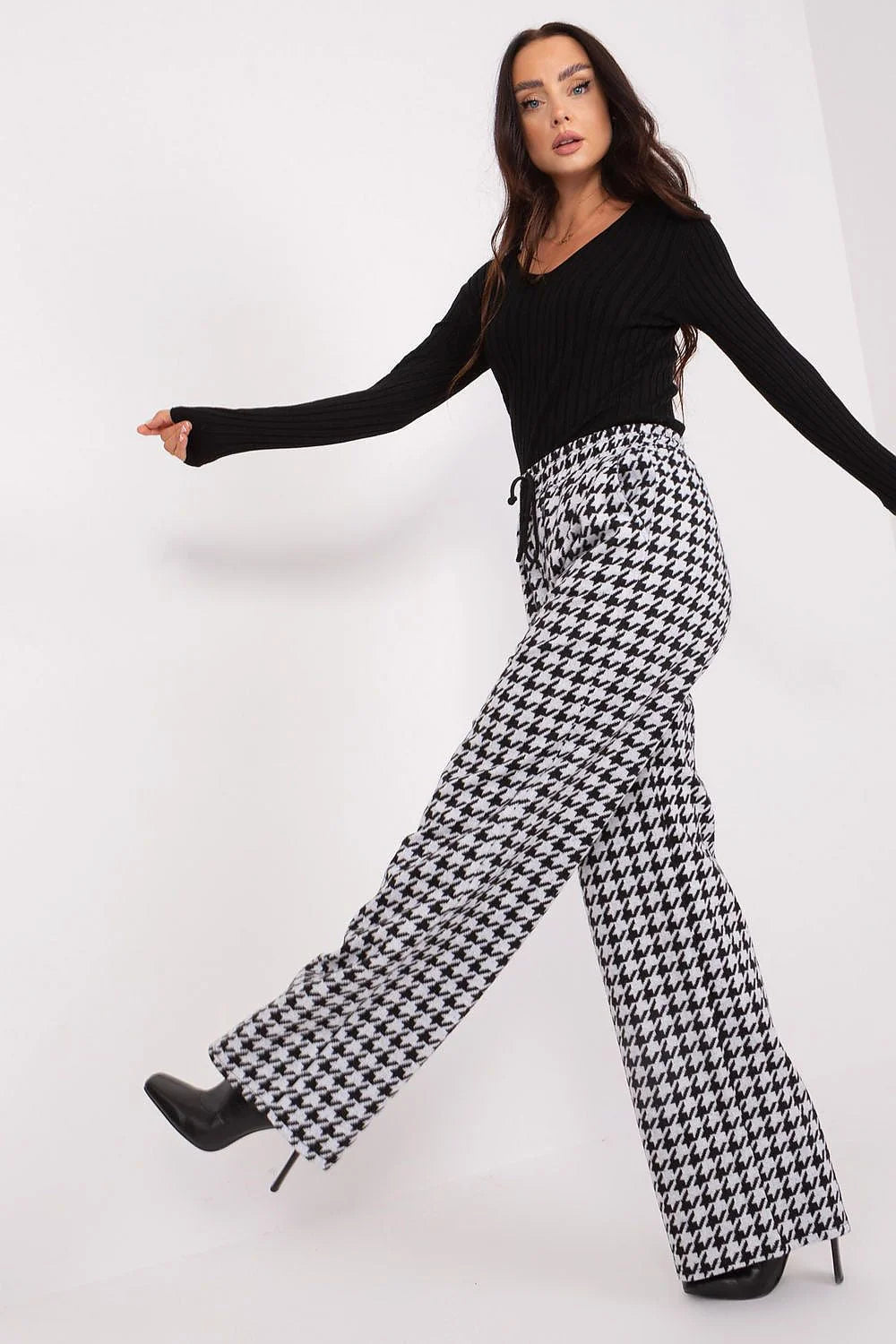 Pantalon femme Lakerta à taille haute style décontracté motif pied-de-poule noir et blanc jambe large matière coton élasthanne