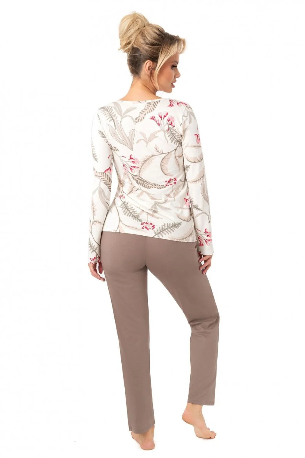 pyjama femme viscose douce agréable toucher manches longues imprimé floral beige touches roses pantalon droit cheville taille élastiquée polonaise