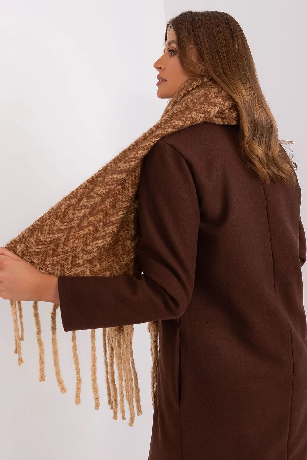 écharpe laine femme automne hiver motif chevrons franges marron bohème oversize chaude douce pelucheuse imitation mohair longue épaisse élégante cosy