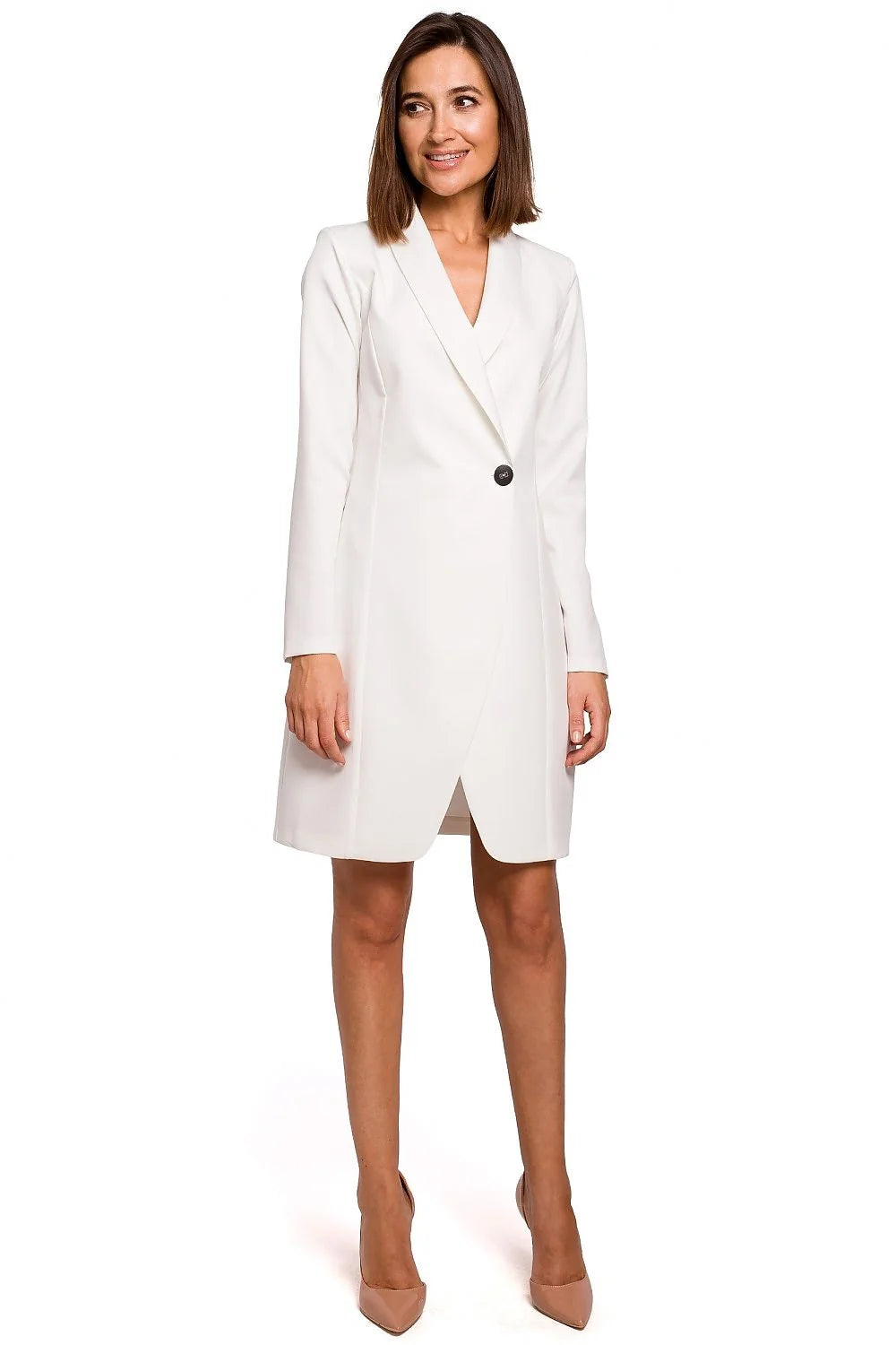 Robe-blazer blanche en polyester élastane chic et élégante, col revers, pour femme professionnelle chic