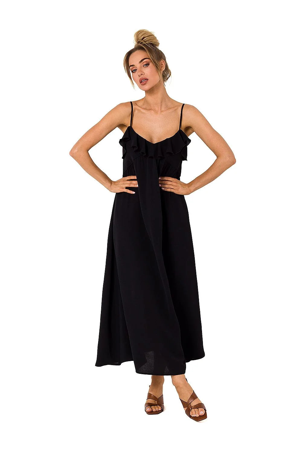 Robe de jour Moe élégante en polyester 95% avec bretelles fines et volants au décolleté en V pour femme, taille ajustable, longueur midi