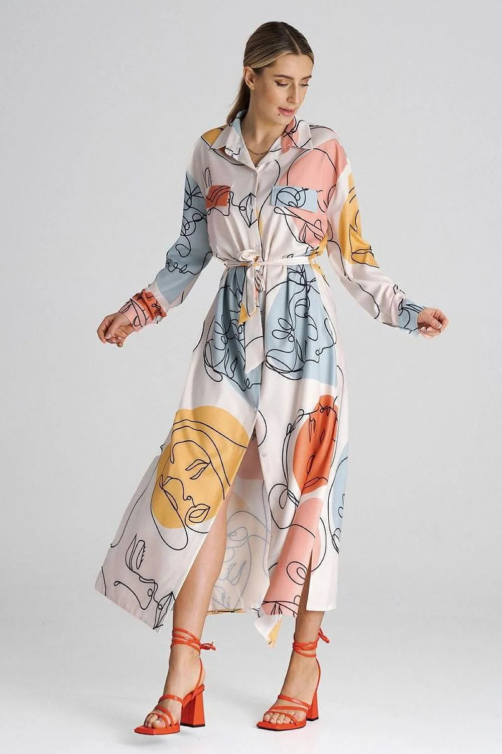 Robe de jour artistique longue manches longues col chemisier ceinture nouée fentes latérales polyester elasthanne femmes