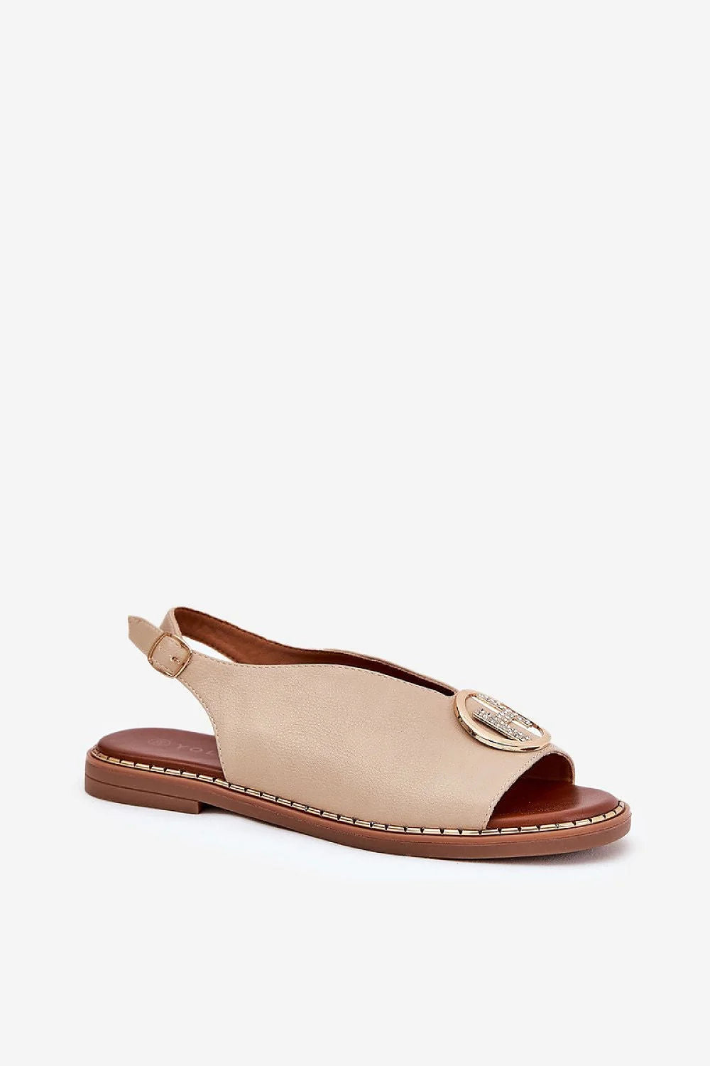 Sandales élégantes en cuir artificiel beige ornement métallique H strass femmes été confortable style moderne