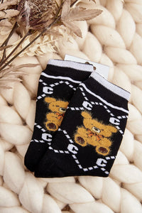 chaussettes fantaisie femmes hiver coton jacquard ours peluche brun noir motifs géométriques blancs cheville côtelées élastiques confortables douces