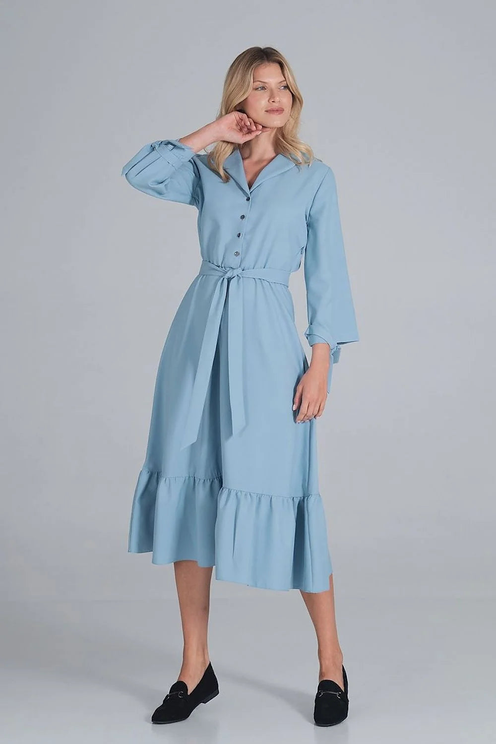 Robe élégante en polyester bleu ciel, style décontracté chic, manches longues, ceinture pour femme