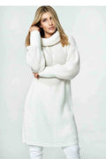 Pull long pour femme en mélange de laine, style moderne, col roulé épais, manches longues, texture maille large, couleur blanc cassé, coupe ample, finitions côtelées, idéal pour les saisons froides