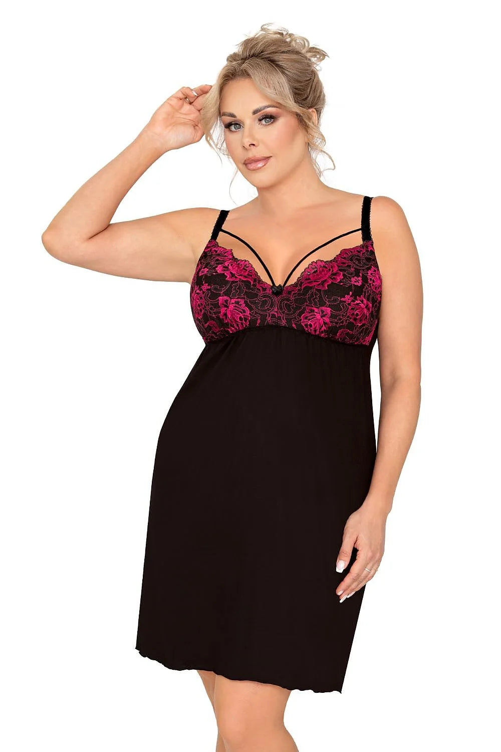 Nuisette féminine élégante dentelle noire fleurs fuchsia bretelles ajustables maille douce taille ajustable femme
