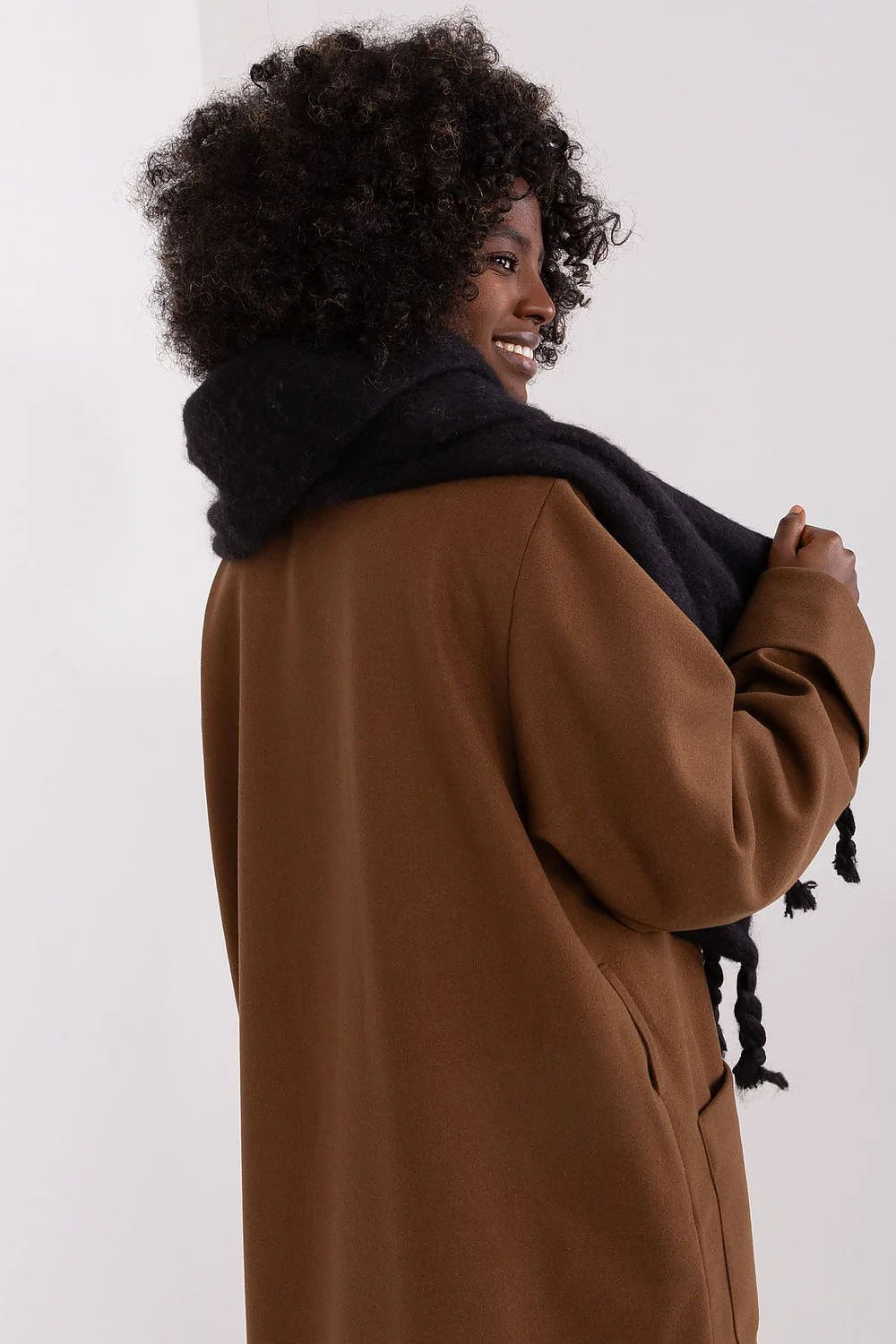Ensemble manteau écharpe Automne Hiver marron noir laine mixte femmes longueur classe élégance poches boutons franges