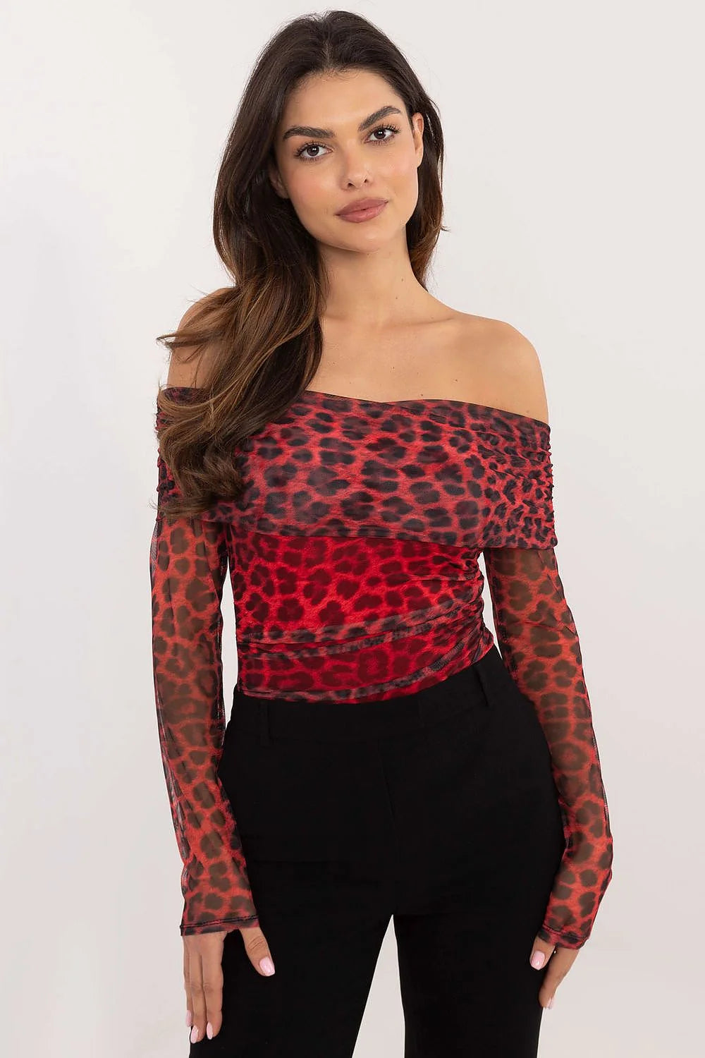Chemisier femme élégance style moderne motif léopard coupe ajustée manches longues épaules nues polyester doublure