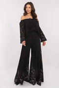 dentelle noire florale transparente doublure coton nylon légère respirante manches longues évasées encolure bardot coupe ample pantalon palazzo