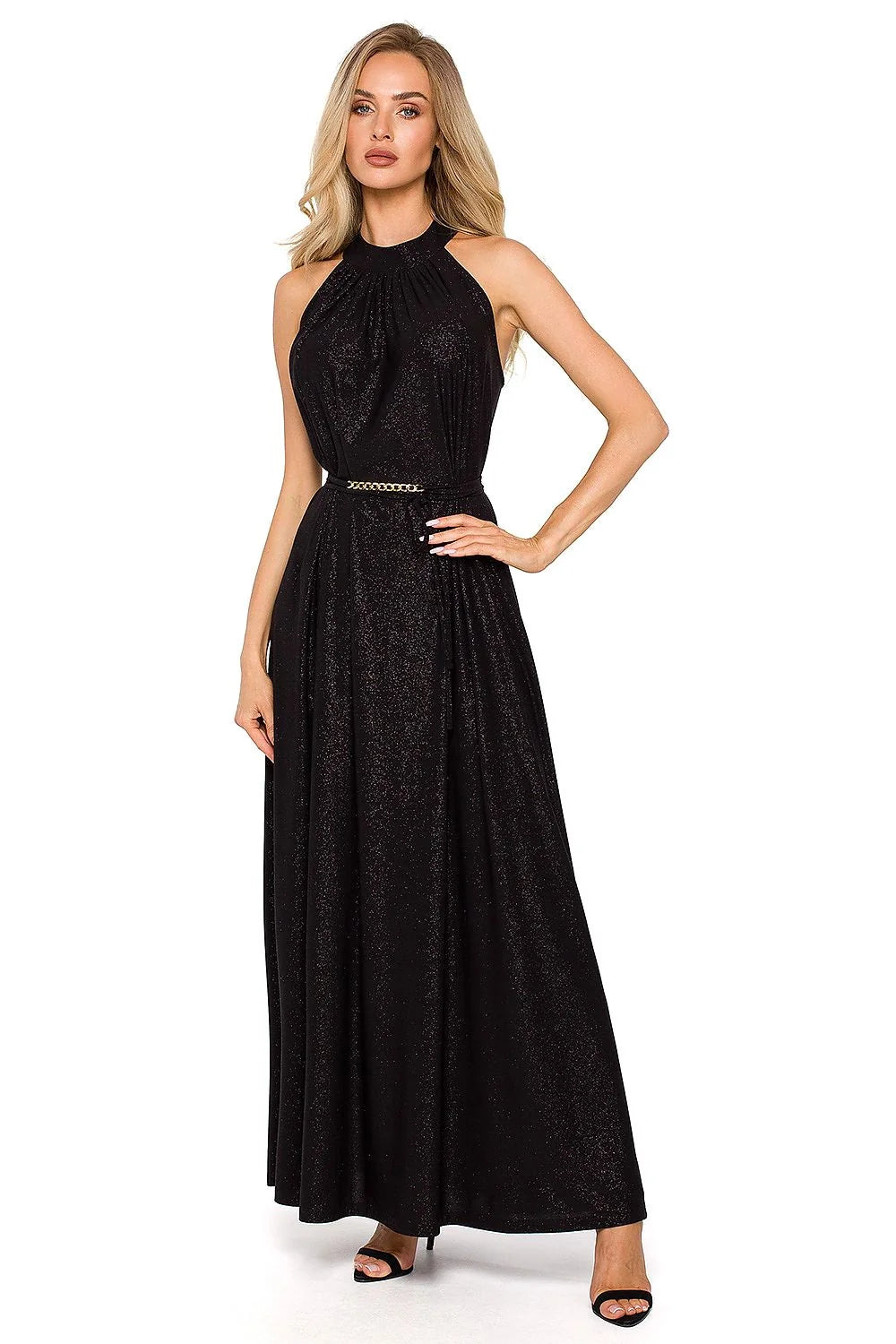Robe de soirée élégante vert émeraude décolleté dos nu tissu brocart ceinture en chaîne dorée femme mariage gala
