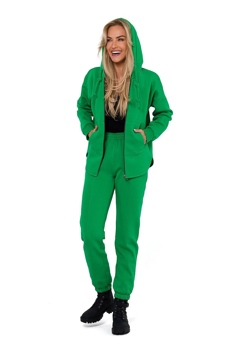 Pantalon survêtement Moe vert vif femme taille élastique poches latérales détails contrastants look décontracté