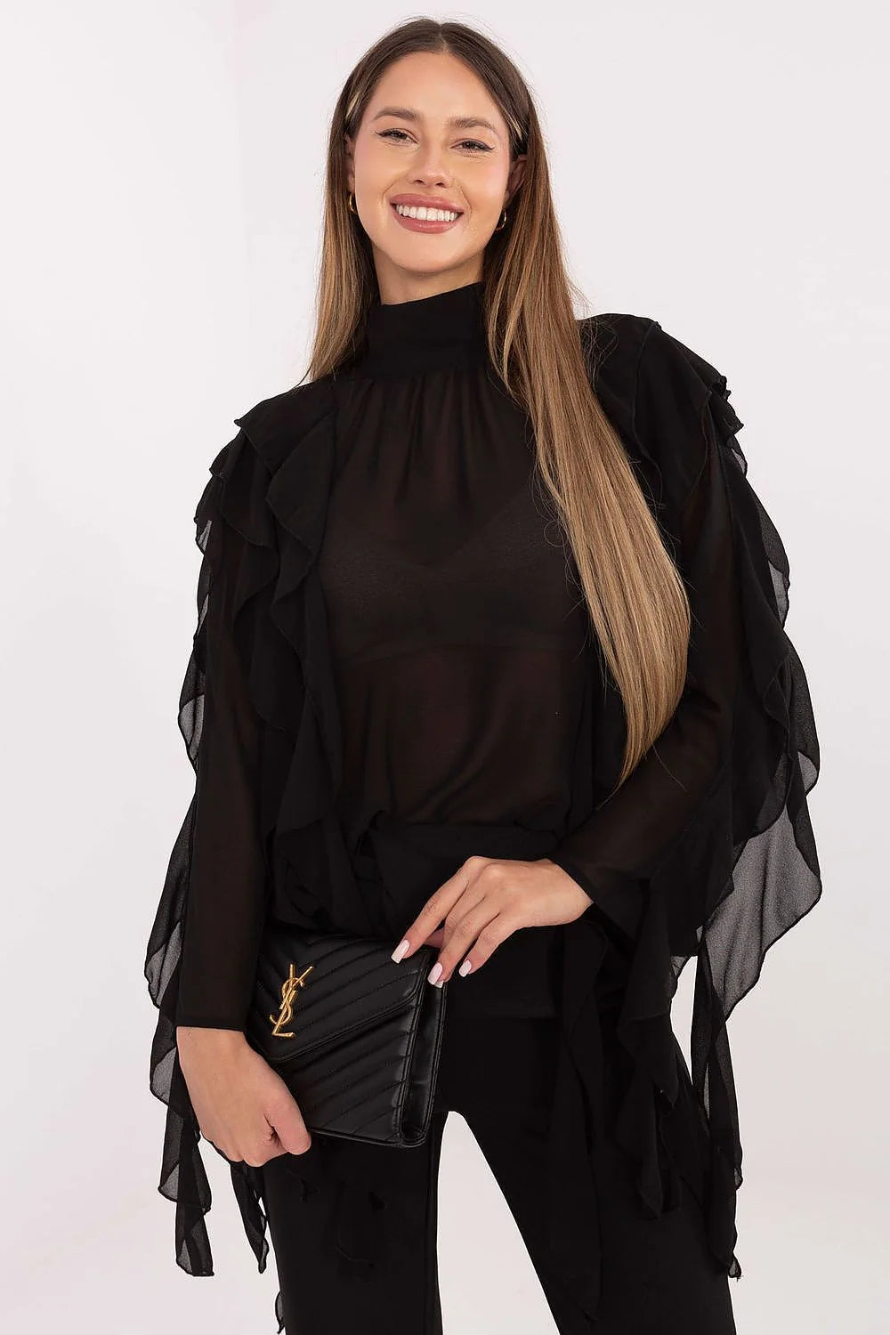 chemise femme élégante viscose polyester stretch douce ajustée manches longues col roulé boutons volants dos devant romantique polyvalente