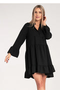 robe jour élégante fluide volants col V manches longues femme noire polyester élasthanne babydoll ample courte genou asymétrique texturé confortable