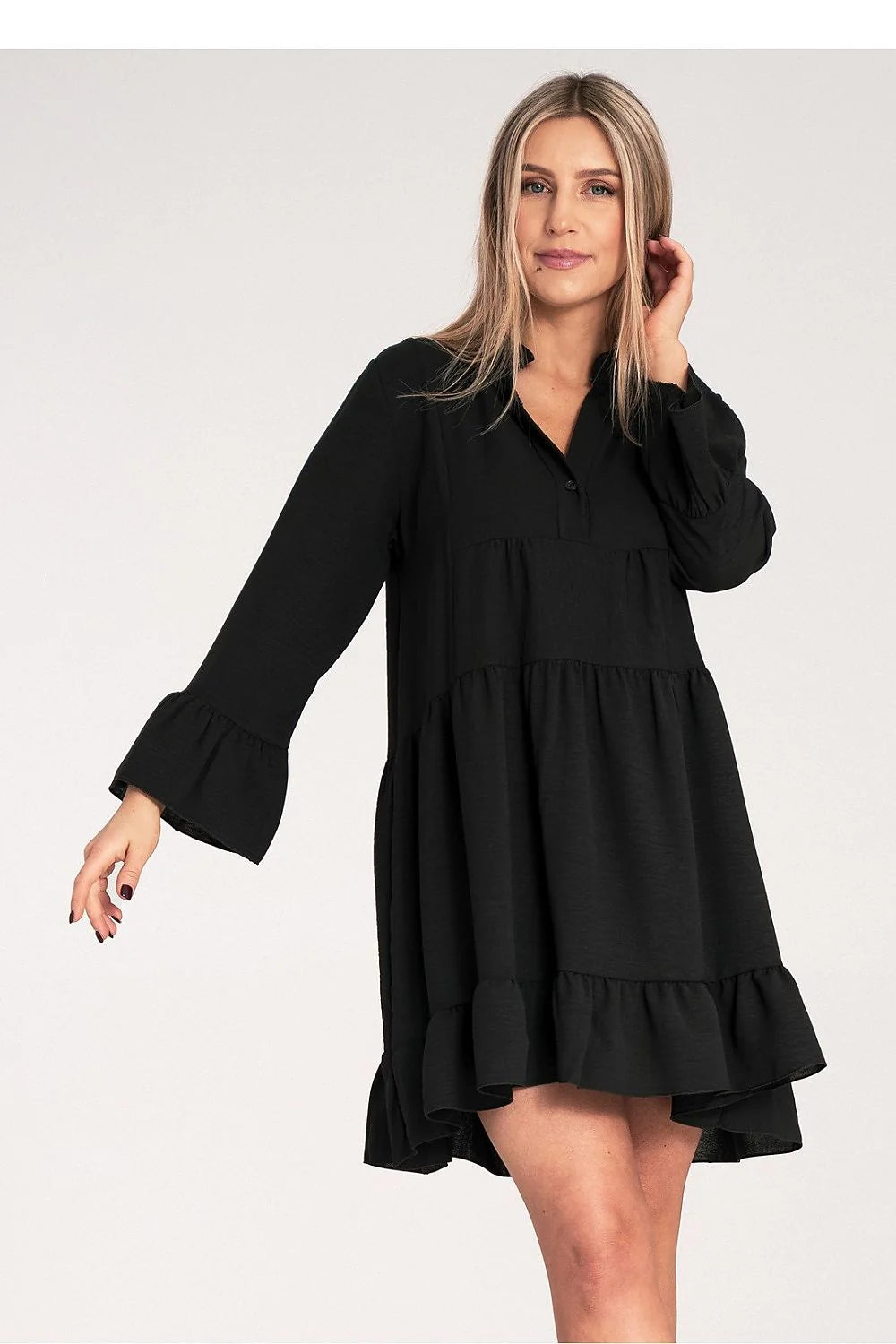 robe jour élégante fluide volants col V manches longues femme noire polyester élasthanne babydoll ample courte genou asymétrique texturé confortable