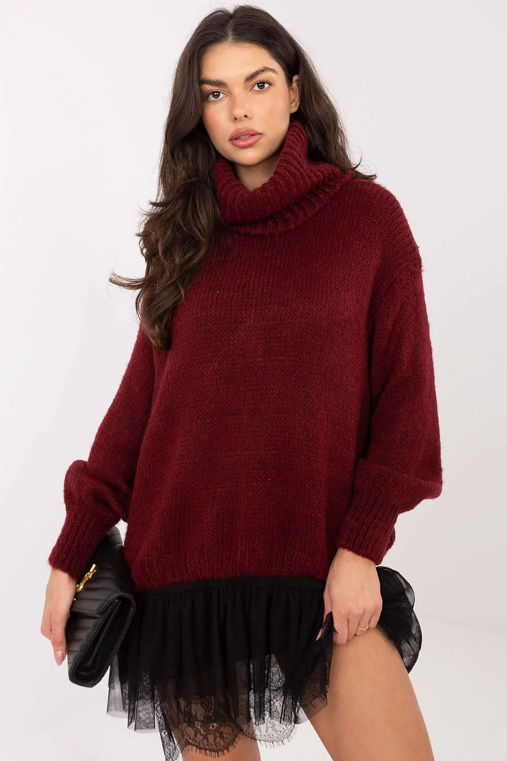 pull femme col roulé oversize bordeaux mohair acrylique nylon maille duveteuse manches ballon longues côtelées ourlet relaxed automne hiver confortable