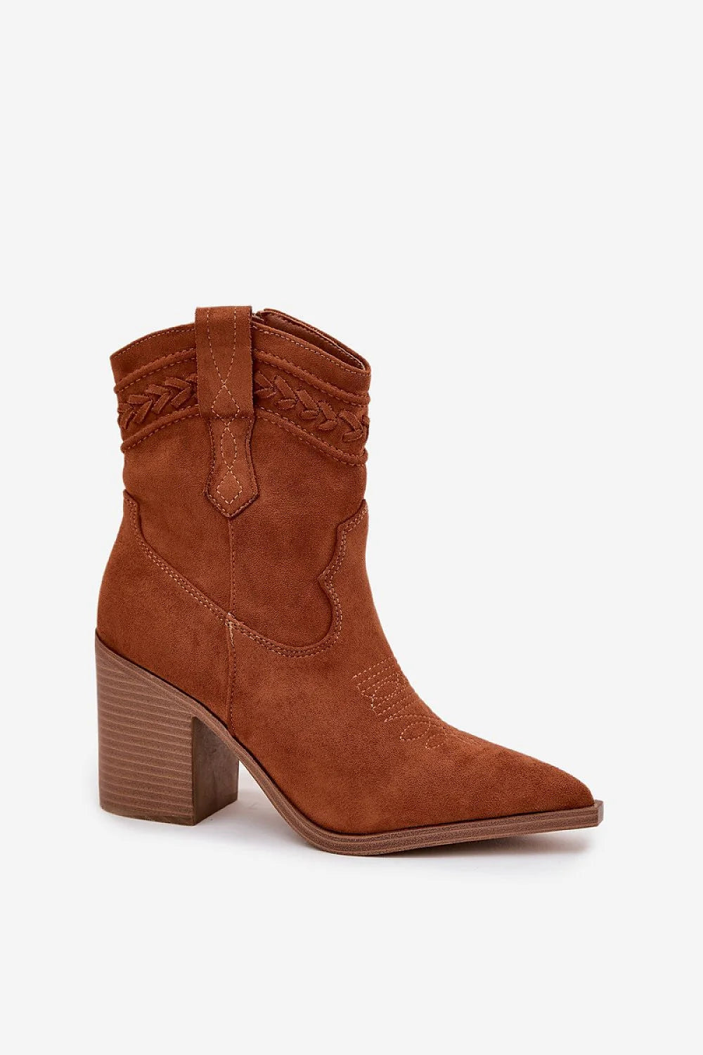 bottines cowboy femme suédine écologique cognac bout pointu tige cheville talon colonne massif maintien confort semelle tissu surpiqûres galon tressé
