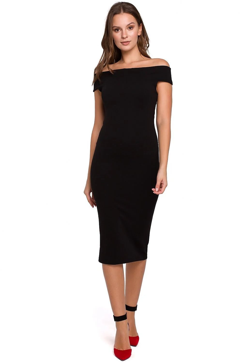 robe midi fourreau bodycon jersey stretch marron foncé bardot épaules dénudées coupe crayon ajustée mi mollet élégante sophistiquée confortable extensible