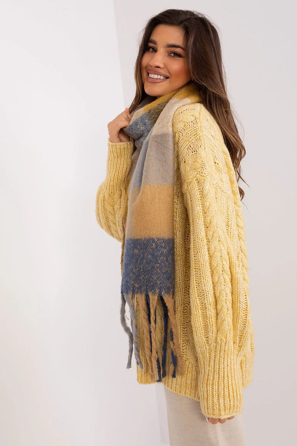 Écharpe à carreaux colorés longue avec pompons, style classique cosy, automne/hiver, polyester résistant, femmes