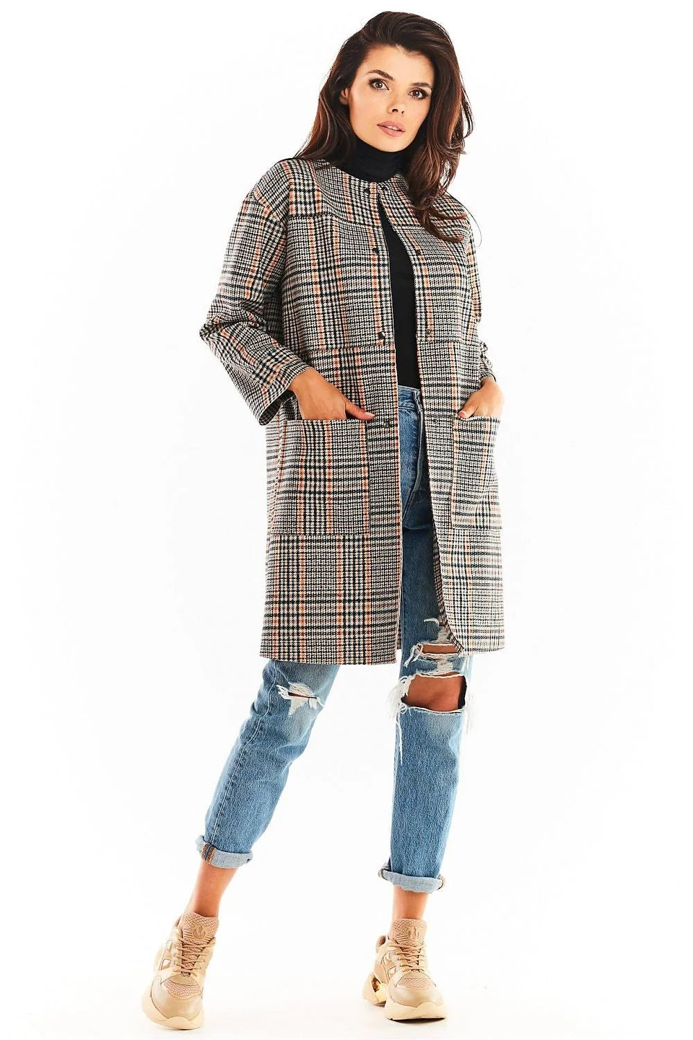 Manteau femme laine chic carreaux noirs blancs marron élégant automne hiver col rond tendance