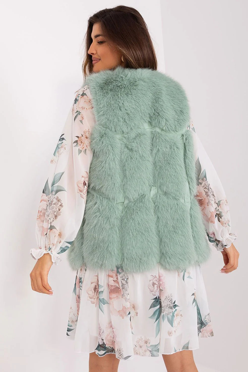 Robe romantique longue manches longues imprimé floral pastel veste sans manches fourrure faux vert menthe femme