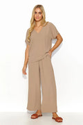 Ensemble pour femmes Makadamia élégant moderne beige neutre V-neck manches courtes pantalon large高 waist élastique