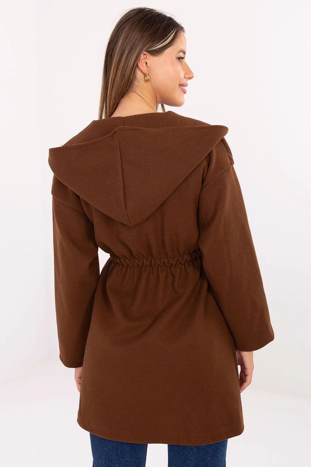 manteau femme mi long ceinturé marron chocolat polyester grand col châle capuche épais aspect laineux coupe ample poches latérales