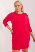 Robe grande taille rouge vif style décontracté maille douce coton mélangé manches 3/4 poches latérales ajustement confortable femmes