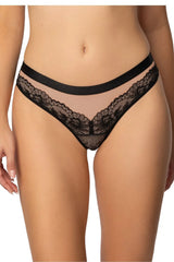 string Zoya noir tanga taille basse dentelle florale semi transparente mesh nude ceinture elastique satinée finition festonnée maintien confortable