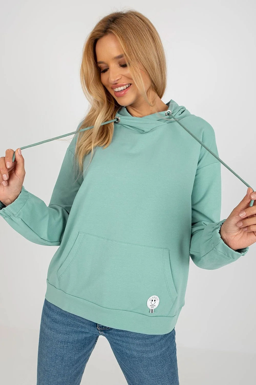 Sweatshirt à capuche pour femme, style moderne, couleur vert menthe, matériau coton mélangé, confort et style
