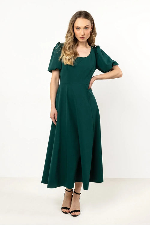 Robe midi féminine vert foncé manches courtes style classique décolleté bateau taille ajustée jupe évasée longueur cheville polyester elasthanne viscose femmes